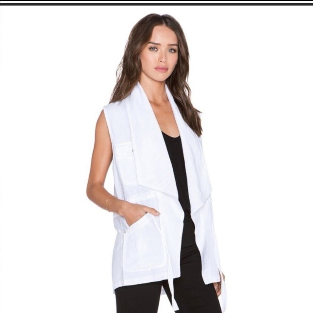 Women's White Sleeveless Drape Front Vest, Linen Blend, Small